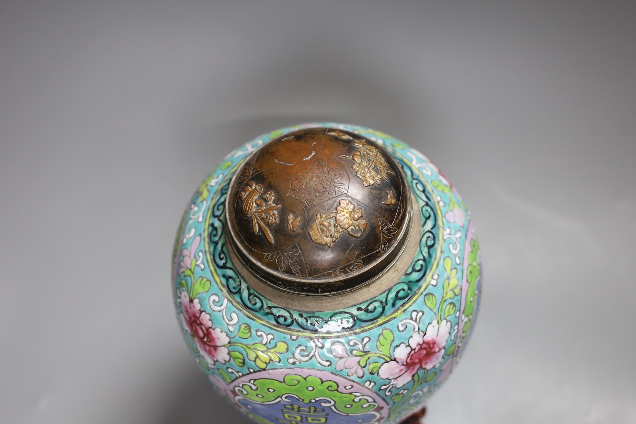 A Chinese Straits enamelled porcelain jar and cover, wood stand, Jar and cover 18 cms high